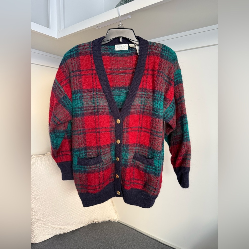 Vintage Colter Bay International Plaid Cardigan Sweater with Gold Buttons Size L